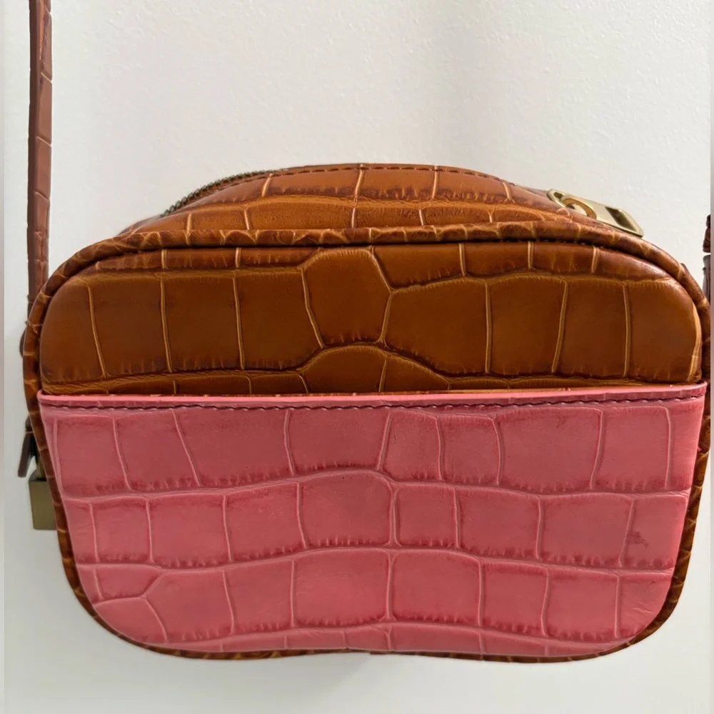 J. Crew Mini Leather Signet Camera Bag in Pink Yellow Brown Embossed Croc - Picture 2 of 16
